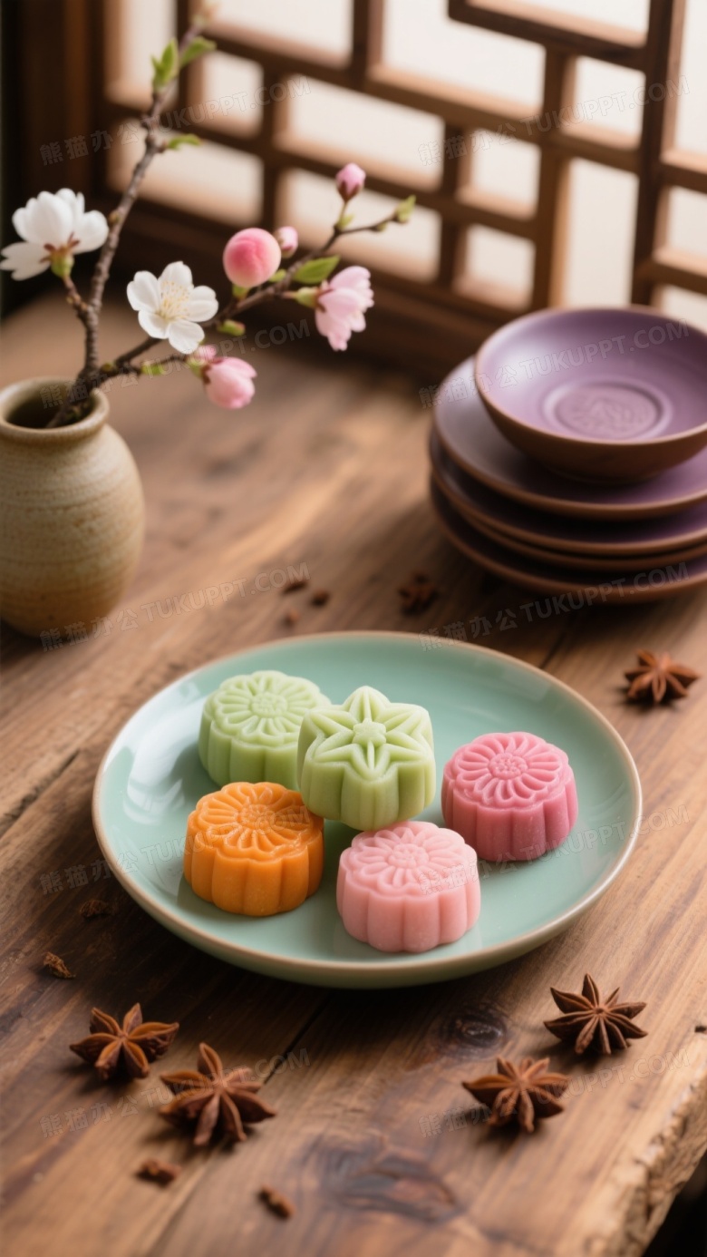俯拍彩色冰皮月饼与桃枝插花图片