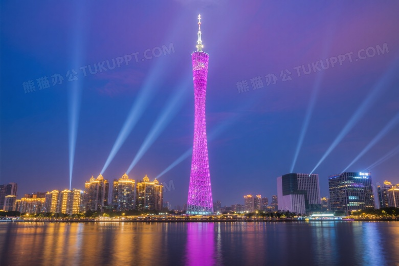 广州塔夜景灯光倒影图片