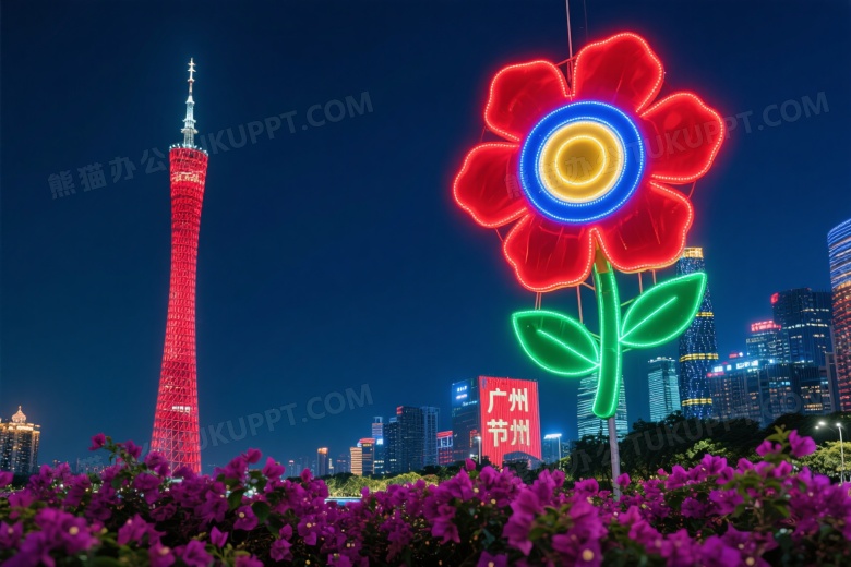 广州塔夜景花灯与三角梅jpg格式图片下载_熊猫办公