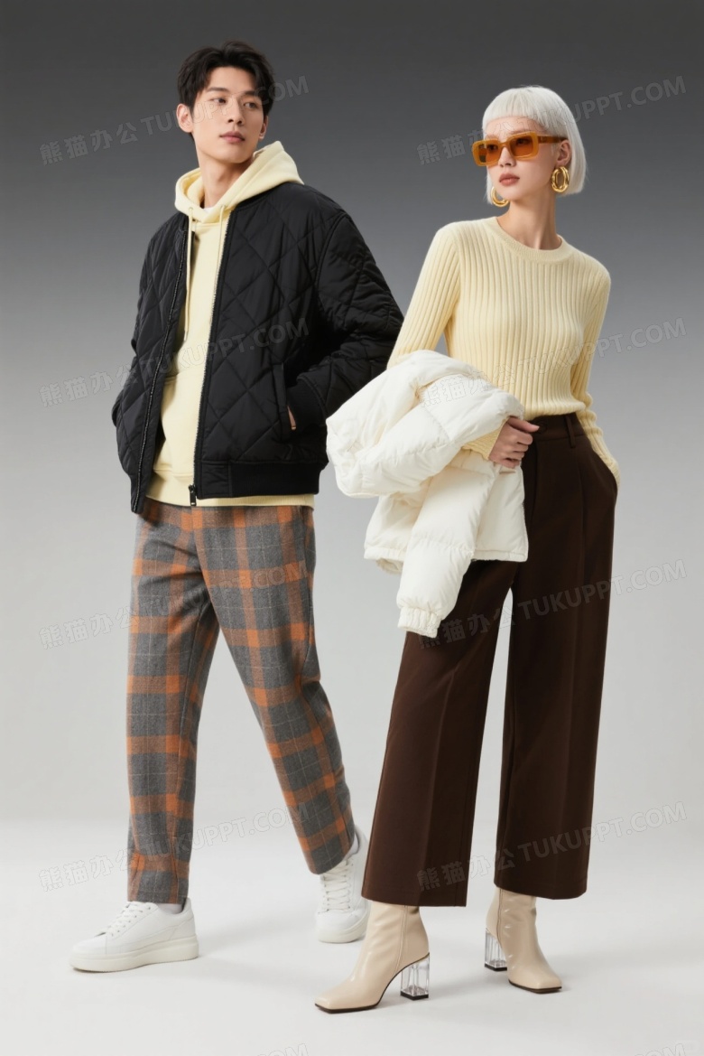 时尚男女模特并肩站立柔光图片
