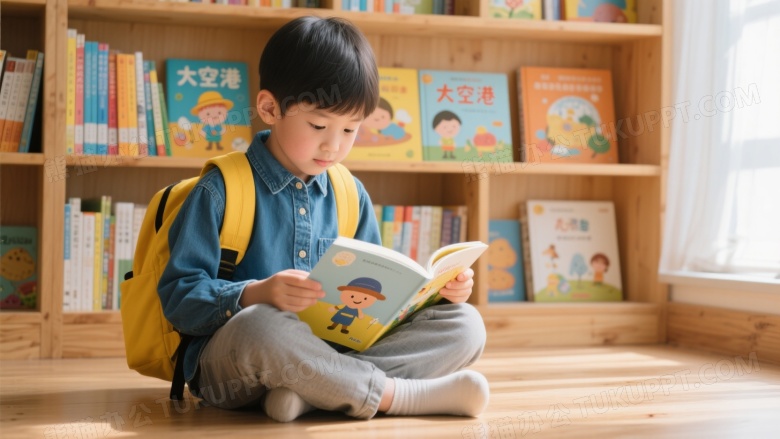 小男孩坐地阅读绘本侧逆光图片