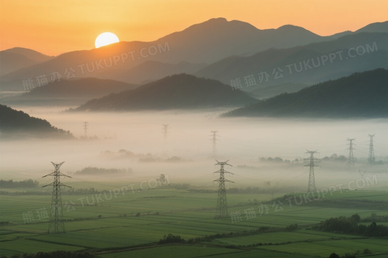 晨曦山峦农田电塔逆光图片