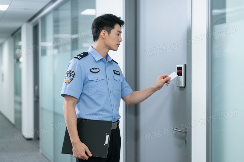 保安员刷门禁卡侧身站立图片