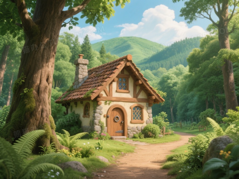 童话木石小屋森林中高清图片