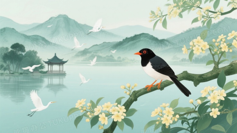 红眼橙爪小鸟栖枝水墨山水图片