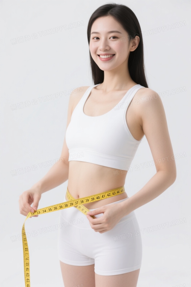 亚洲女性持卷尺测腰腹图片