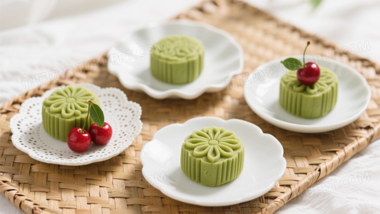 抹茶绿豆糕俯拍特写图片