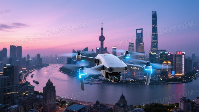 银灰无人机悬停城市上空高清图片