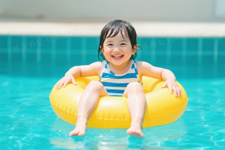 幼儿坐泳圈水中微笑图片