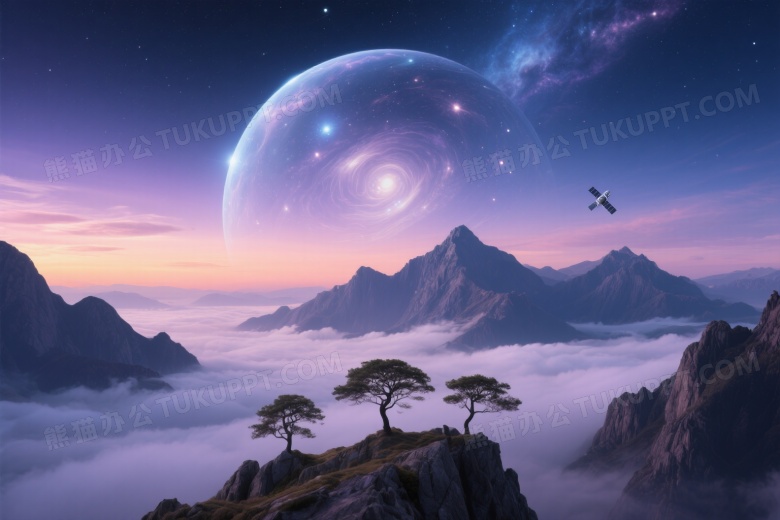 山峰云海与半透明星球高清图片