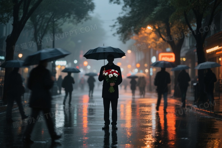 黑衣人雨夜持伞捧花居中图片
