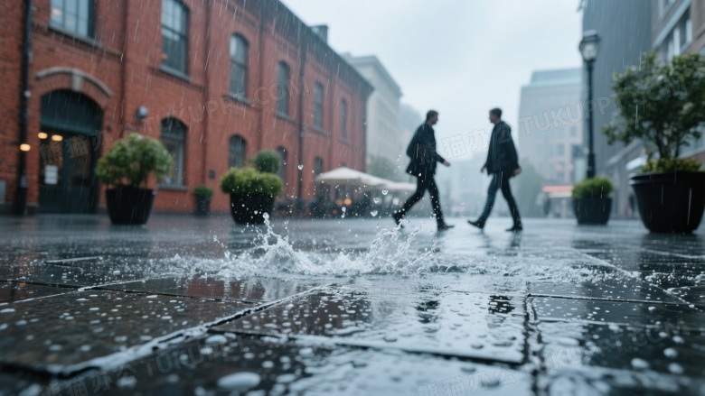 雨中城市广场地面特写图片