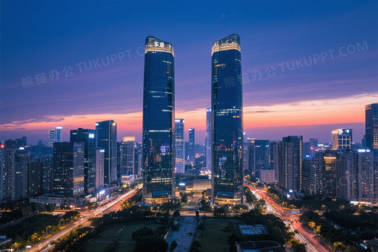 广州珠江新城夜景双子塔全景图片