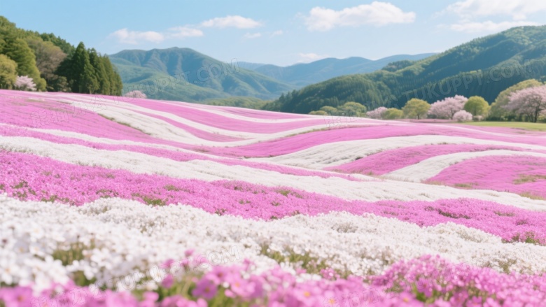 芝樱花田波浪色带远山蓝天图片