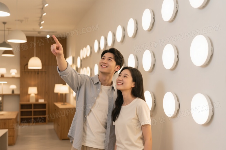 年轻男女观览现代灯具展厅图片