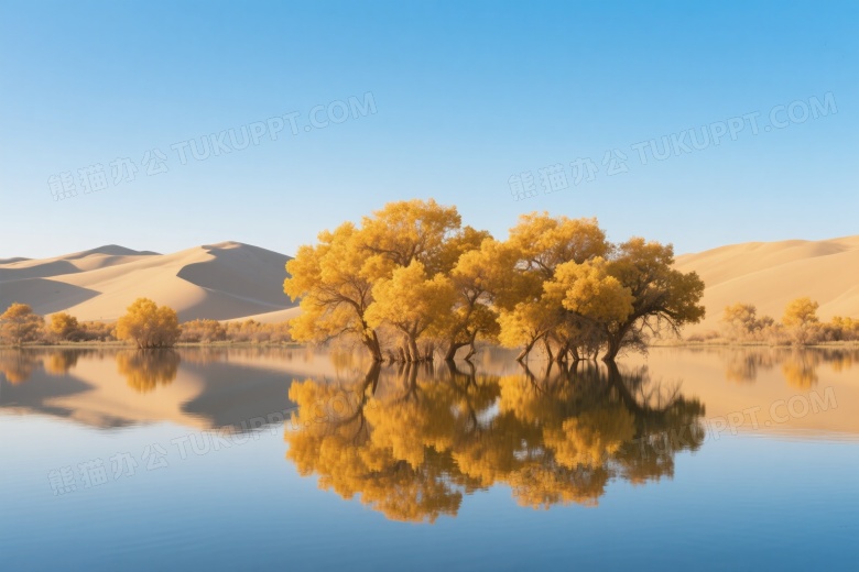 金色胡杨树群水面倒影高清图片