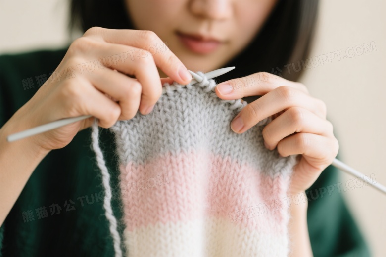 亚洲女性编织粉白纱线特写图片
