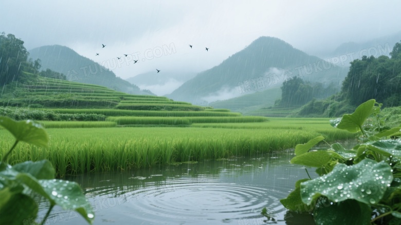 雨中青翠稻田远山层叠图片