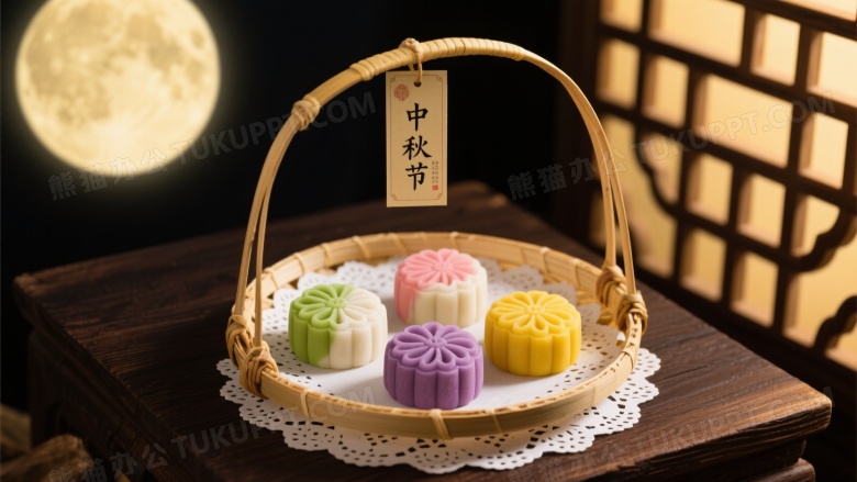 竹编提篮冰皮月饼侧逆光图片