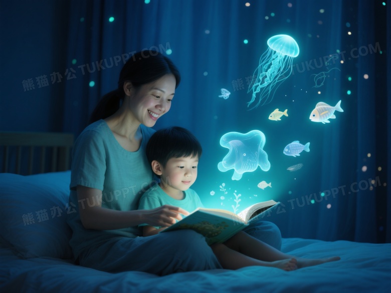 母子共读发光绘本梦幻夜景图片