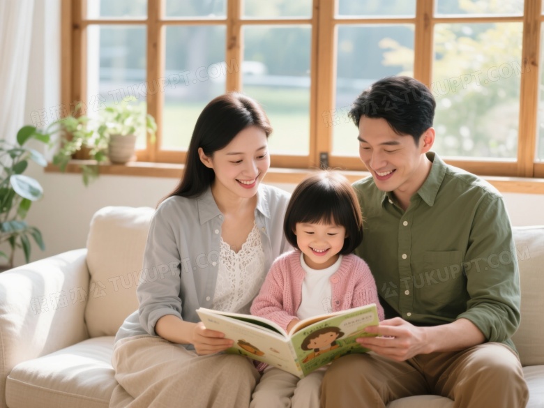 一家三口共读绘本侧逆光图片