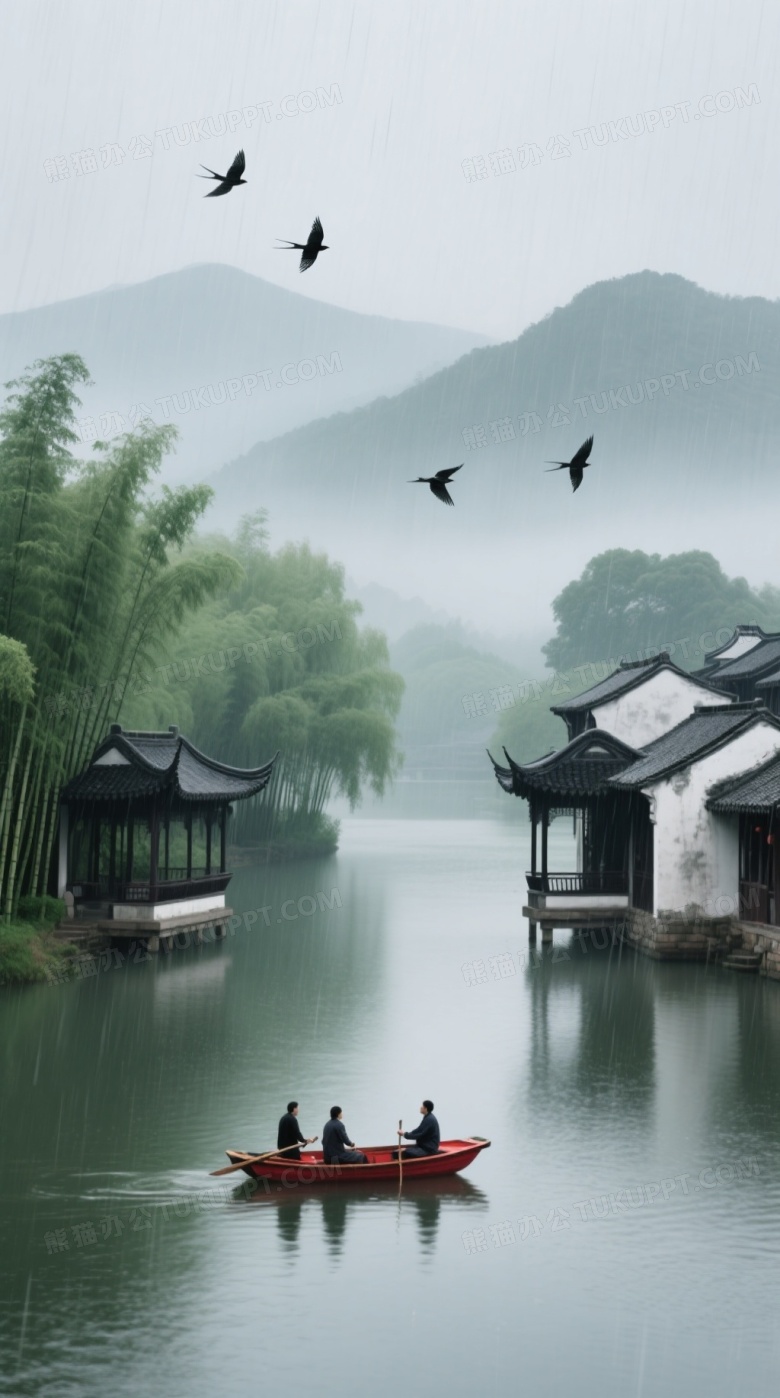 雨中江南水乡亭台舟影图片
