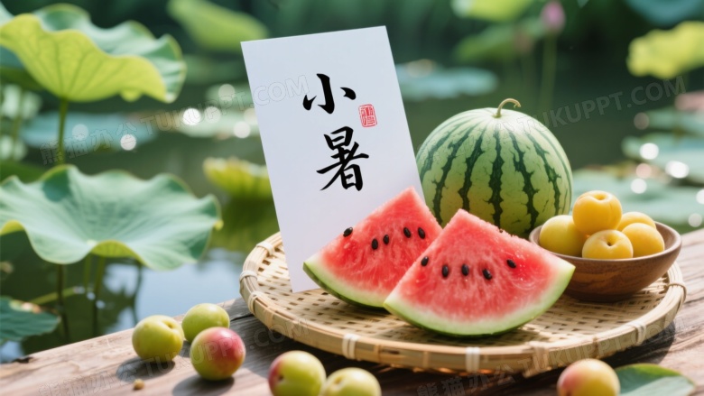 竹编托盘西瓜李子小暑书法图片