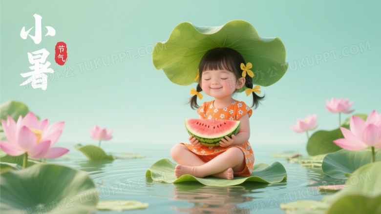 小女孩荷叶上捧西瓜微笑图片
