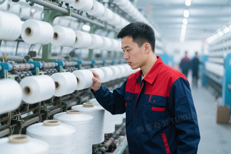工人检查纺纱机纱线卷轴图片