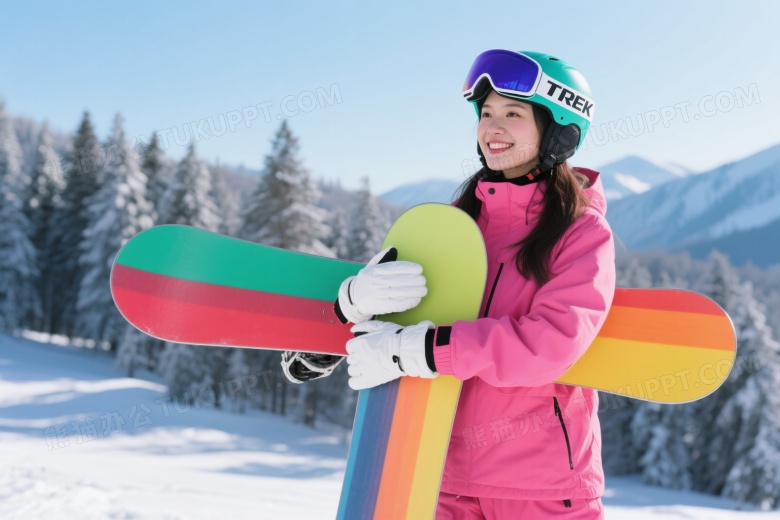 亚洲女性持彩虹单板滑雪图片