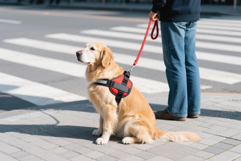 导盲犬与主人斑马线旁坐姿图片