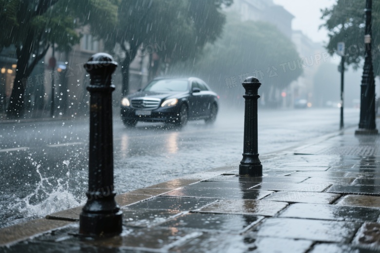 暴雨石板街铸铁路桩侧逆光图片