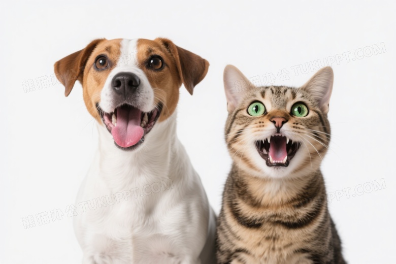 杰克罗素犬与虎斑猫惊讶表情特写图片