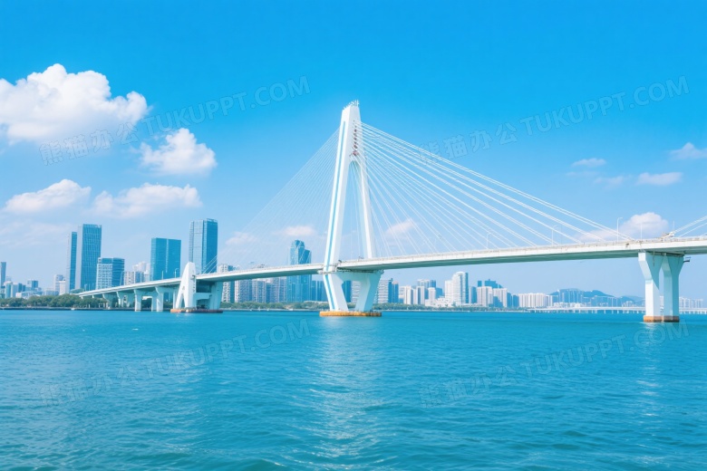 白色斜拉桥横跨海面城市天际图片