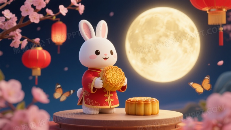 红衣玉兔捧月饼满月背景图片