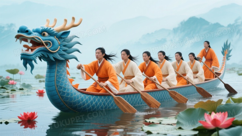 龙舟划手协同划桨节日庆典图片