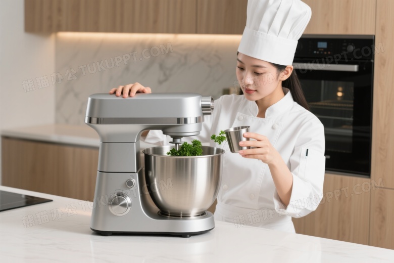 女厨师操作搅拌机特写图片