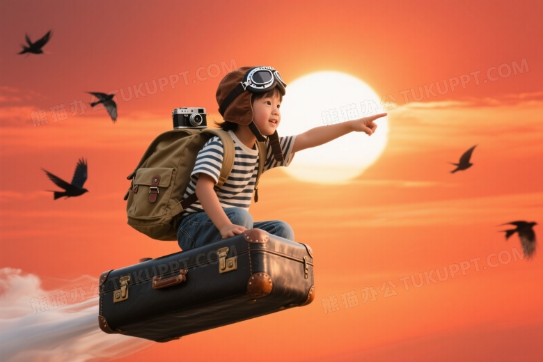 亚洲儿童腾空飞行指向远方图片