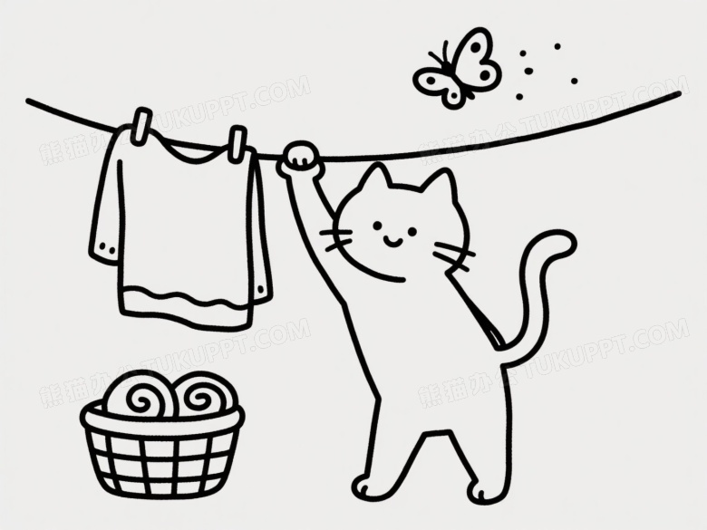 卡通猫咪抓毛巾线稿图片