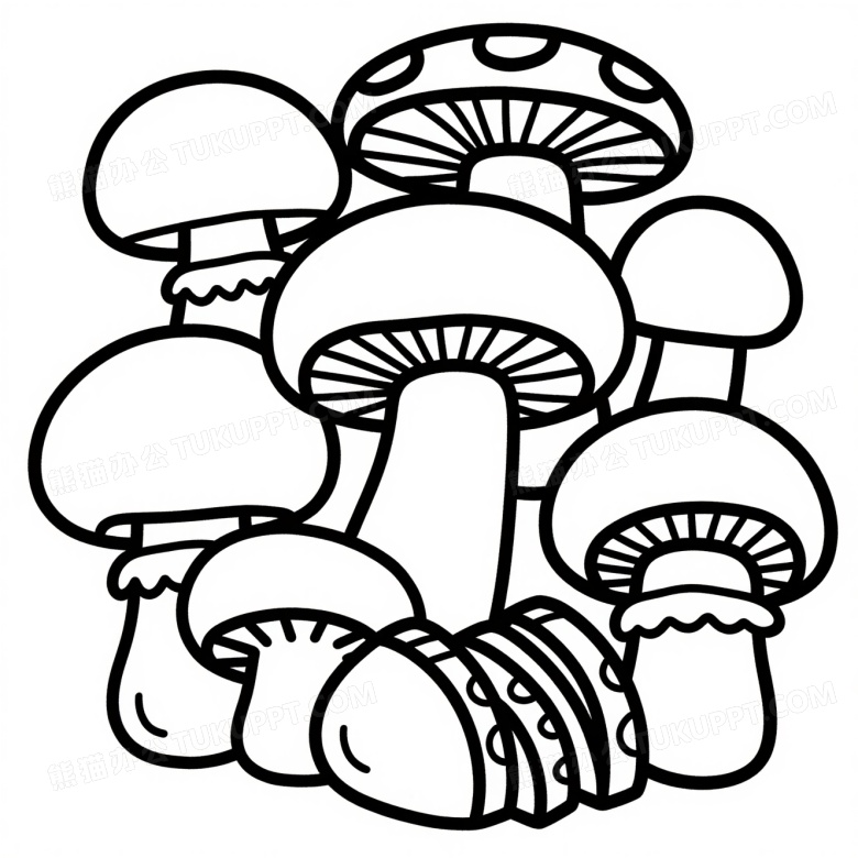 黑白线稿蘑菇堆叠插画图片