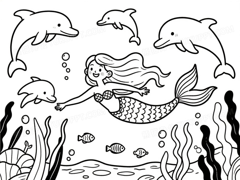 美人鱼与海豚海底游动线稿图片