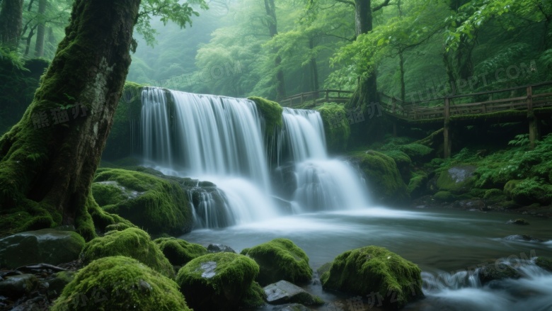 森林瀑布青苔石块柔光图片