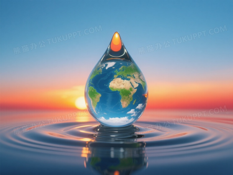 水滴映地球日落涟漪图片
