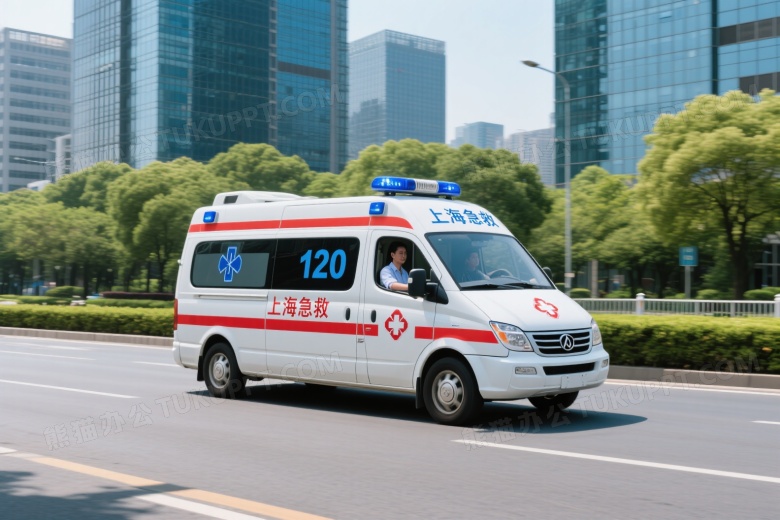 白色救护车城市行驶高清图片