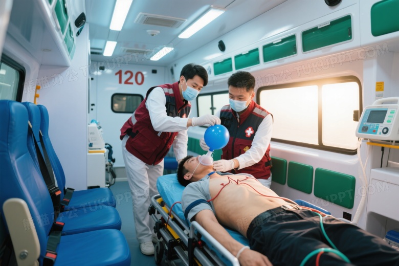 医护人员救护车内急救患者图片