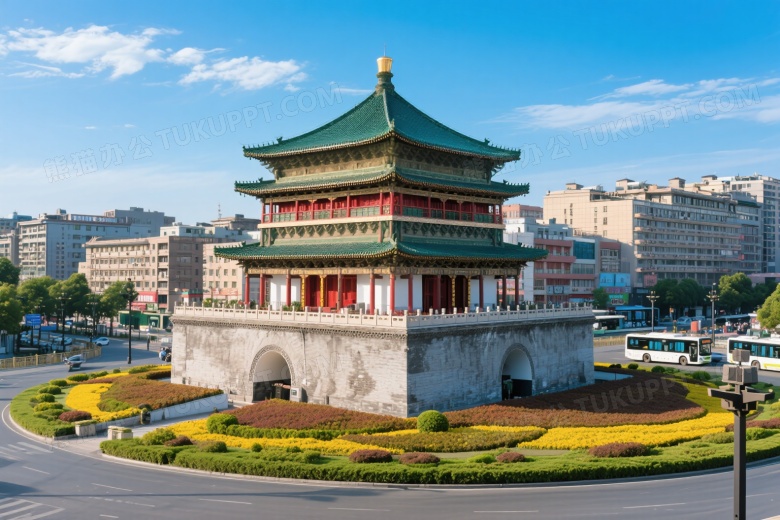 西安钟楼城市中心广场高清图片