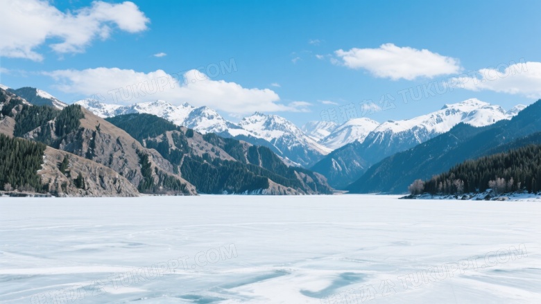 冰封湖面雪山远景高清图片