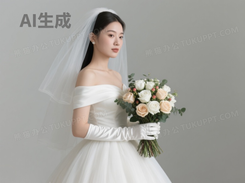 亚洲新娘持花束侧身婚纱图片