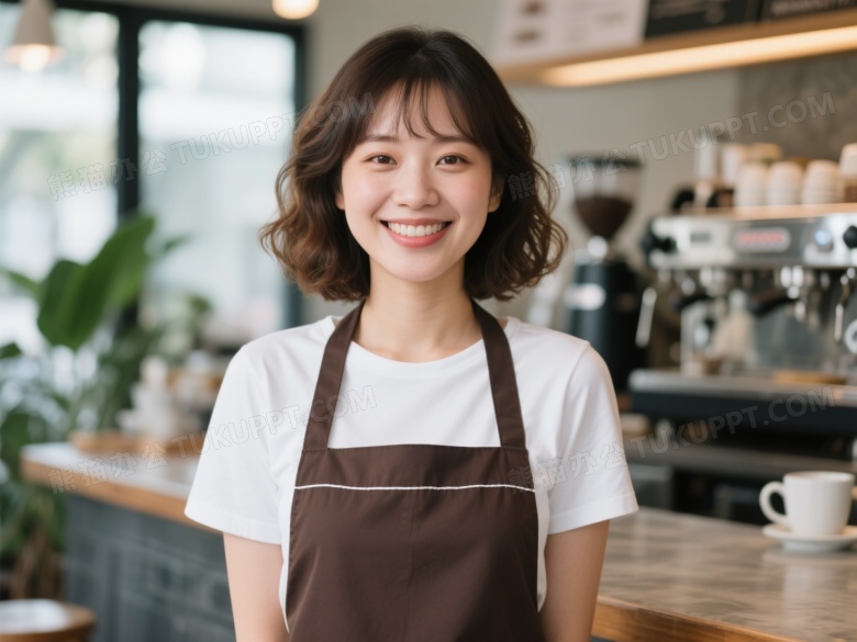 亚洲女性咖啡店微笑浅景深图片