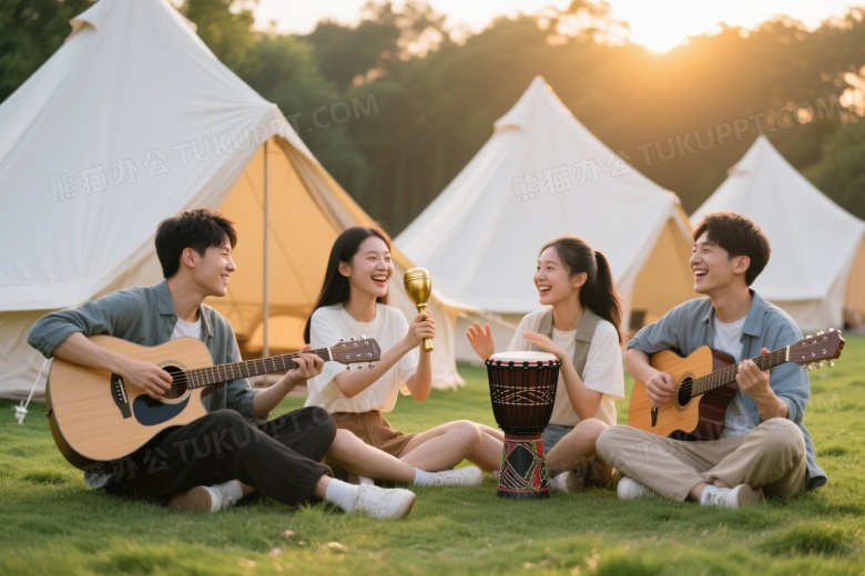 四位青年草坪露营演奏互动图片